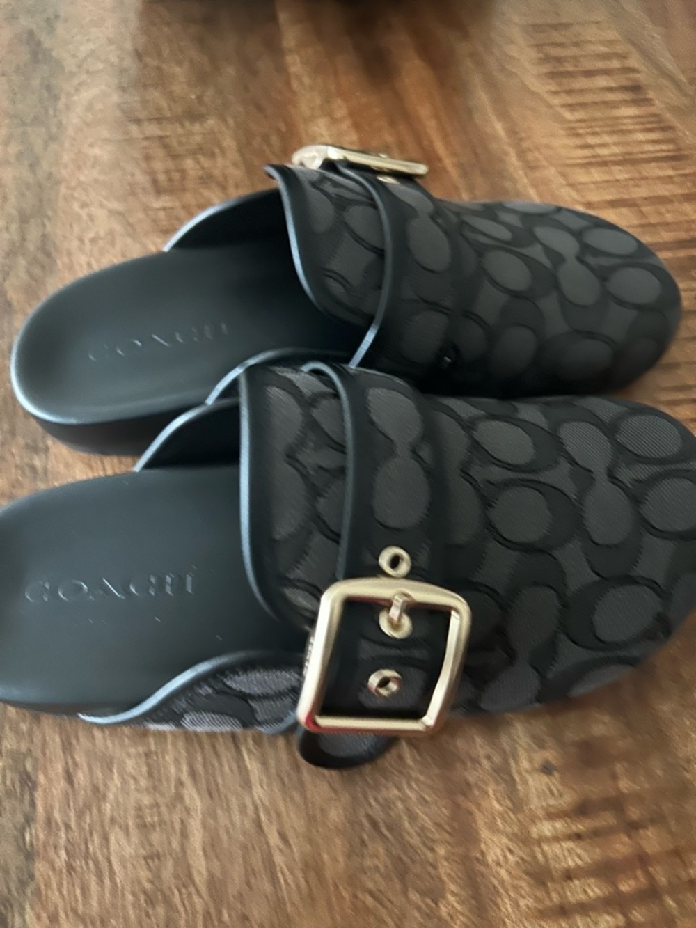 Coach Women's Archival Signature Jacquard Clogs in Black with Gold Buckle - Picture 4 of 5